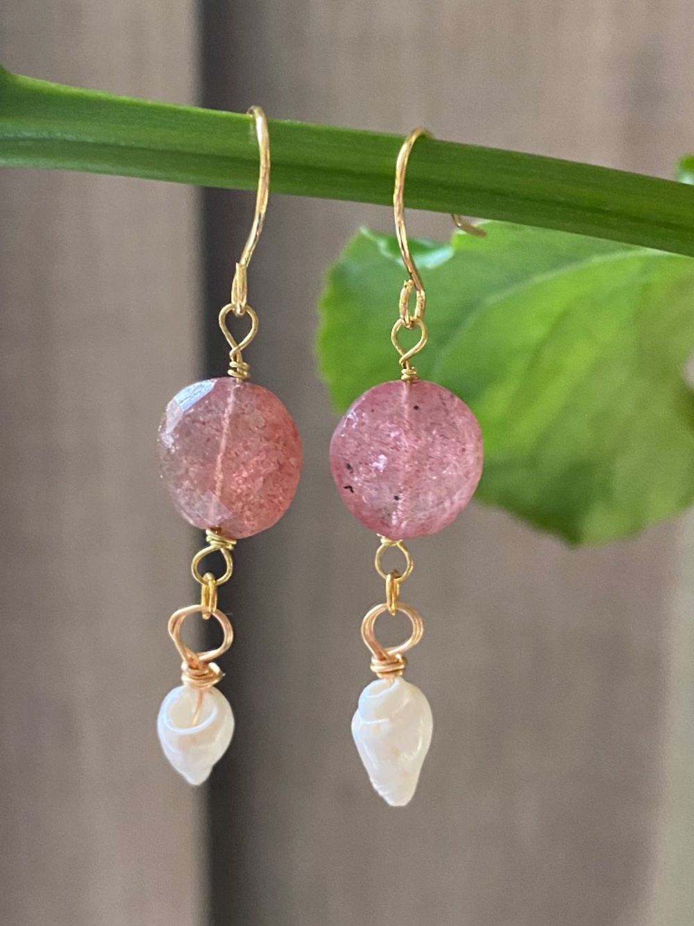 Handmade Strawberry Quarts Earrings with Seashells